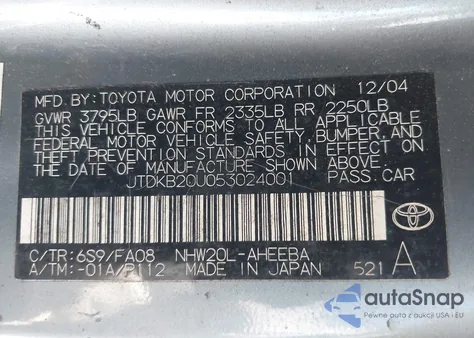 2005 Toyota Prius from USA, damaged, VIN JTDKB20U053024001